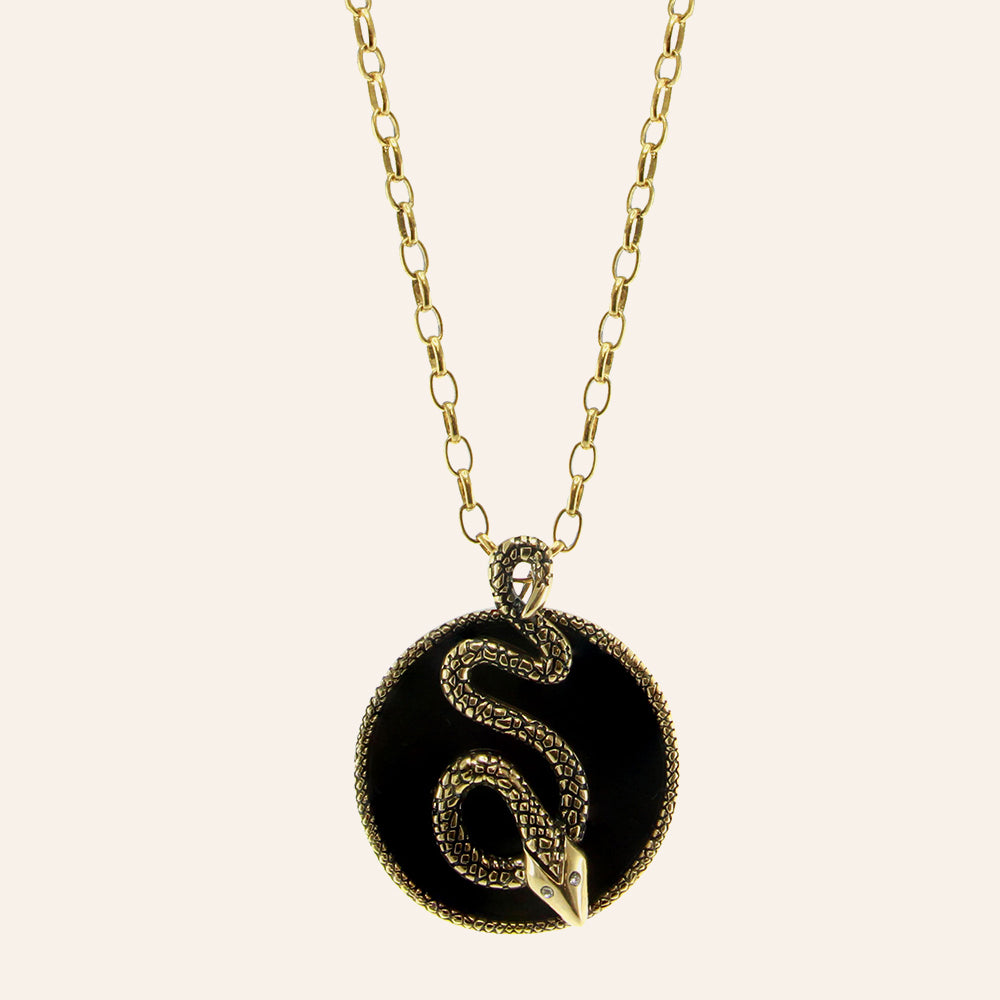 "Serpent" Onyx and CZ Goldtone Pendant with 16-1/4" Chain