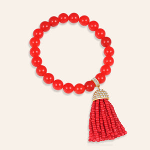 “Show that Tassel” Pave Crystals Semi-Precious Beaded Stretch Bracelet