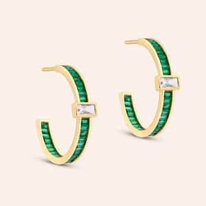 "Kelsie" 10.3CTW Emerald & Baguete Cut 1" Hoop Earrings