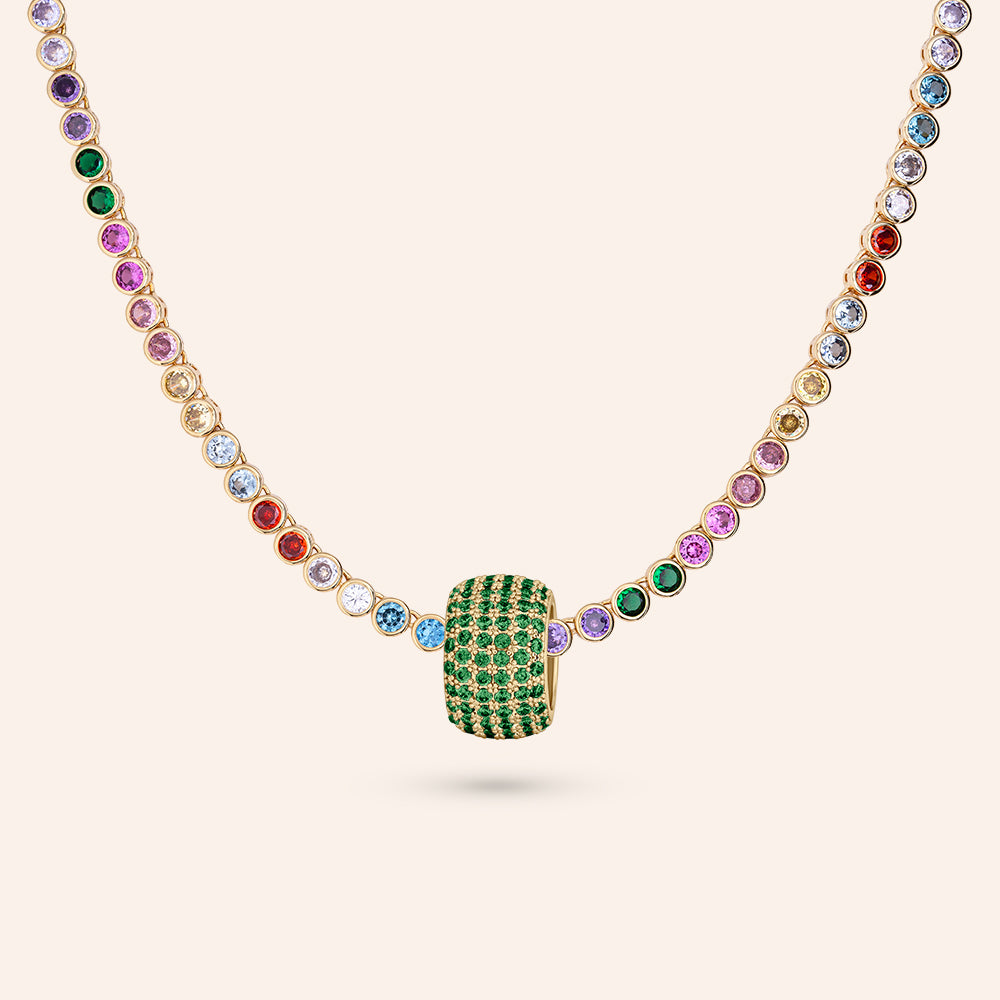 "The Rondelle" Pave Emerald Charm Rainbow Necklace