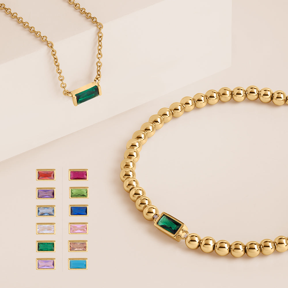 "Graceful Duo" Baguette Birthstone Necklace & Bracelet Set