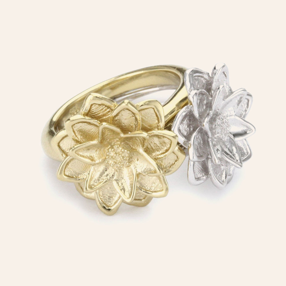 Set Of Two, 18K Yg And Rhodium Plated Sterling Silver, Lotus Rings